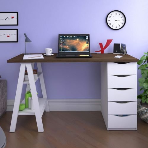 Escrivaninha Artany Spirit Cor Nogal Com Branco Com 5 Gavetas