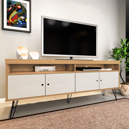 Rack Com 4 Portas E Pés de Metal Artely Liberty Cor Carvalho com Off White