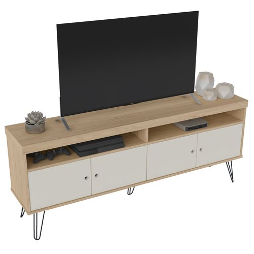 Rack Com 4 Portas E Pés de Metal Artely Liberty Cor Carvalho com Off White
