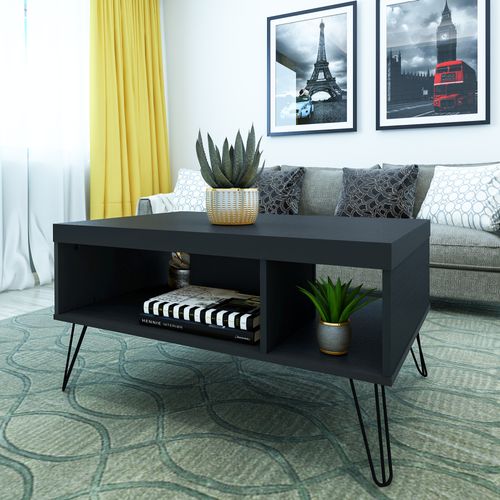 Mesa De Centro Com 2 Nichos e Pés de Metal Artely Liberty Cor Preto