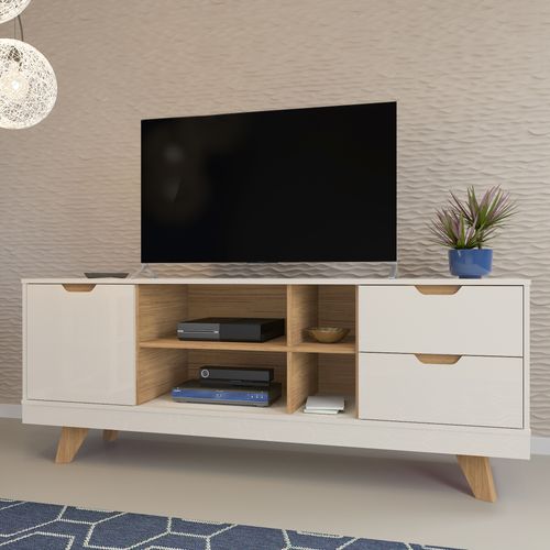 Rack Com 1 Porta e 2 Gavetas Artely Michigan Off White com Carvalho