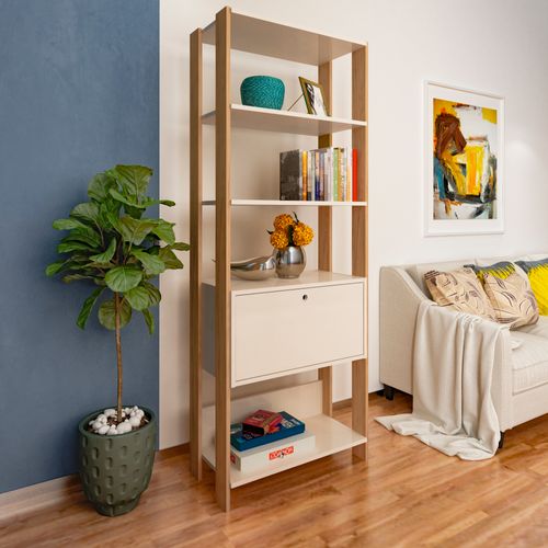 Estante Com 4 Prateleiras E 1 Porta Basculante Artely Match Cor Off White Com Carvalho