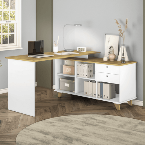 Escrivaninha em L 2 Gavetas Artany Gold Cor Carvalho com Branco