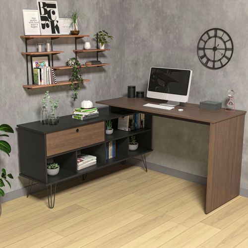 Escrivaninha Com 1 Porta e 5 Nichos Artany Dubai Cor Ipê com Preto