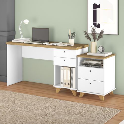 Conjunto Escrivaninha 135cm com Duas Gavetas Artany Sky e Gaveteiro 2 Gavetas Olmo com Branco