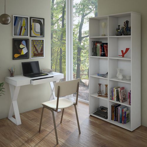 Conjunto Escrivaninha com 1 Gaveta Veneza e Estante com 10 prateleiras Clean 900X1878 Branco