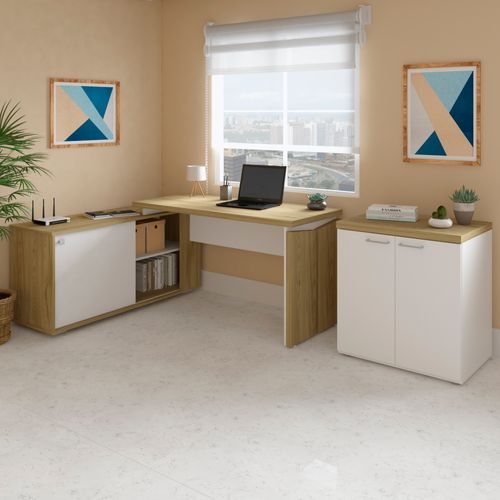 Conjunto Escrivaninha em L com Prateleira e Porta e Balcão com 2 Portas Toq Olmo com Branco