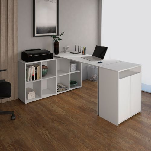 Conjunto Escrivaninha em L com Nichos Nero e Balcão com 2 Portas Cool Branco