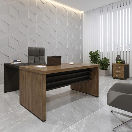 Conjunto Mesa Para Escritório Tamburato 1600 e Mesa De Apoio 890 e Gaveteiro com 3 Gavetas Tamburato Charuto com Preto