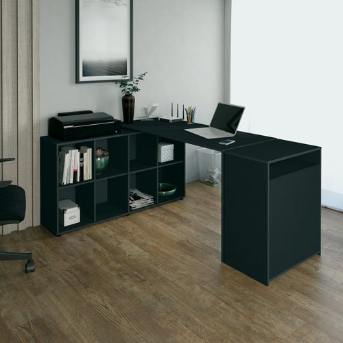 Conjunto Escrivaninha em L com Nichos Nero e Balcão com 2 Portas Cool Preto