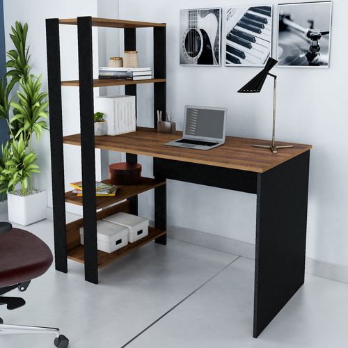 Escrivaninha Com Estante Lateral Artely Match Cor Pinho com Preto