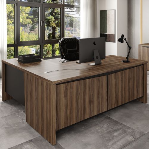 Mesa para Escritório  Em L Tamburato Chefia Y37 Cor Nogal com Preto