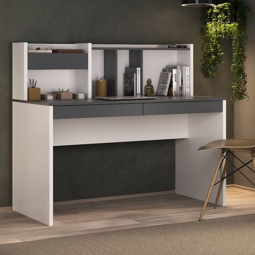Escrivaninha Com Painel e 2 Gavetas Artany France Cor Grafito com Branco