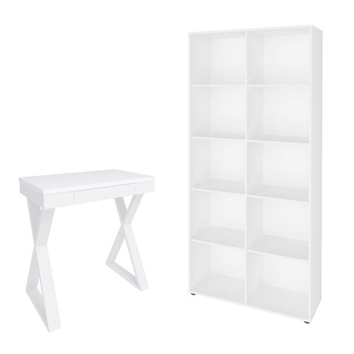 Conjunto Escrivaninha com 1 Gaveta Veneza e Estante com 10 prateleiras Clean 900X1878 Branco