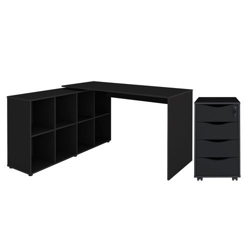 Conjunto Escrivaninha em L 8 nichos Artany Nero e Gaveteiro 4 gavetas Bit Preto