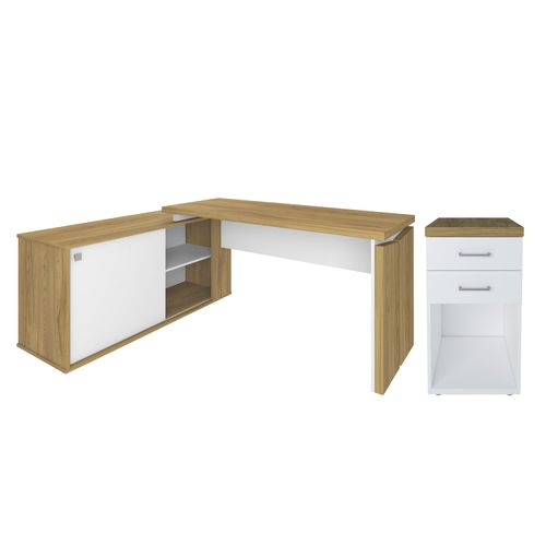 Conjunto Escrivaninha em L com Prateleira e Porta e Gaveteiro com 2 Gavetas Toq Olmo com Branco