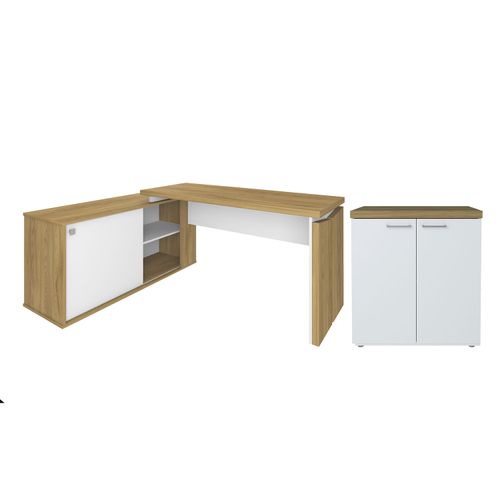 Conjunto Escrivaninha em L com Prateleira e Porta e Balcão com 2 Portas Toq Olmo com Branco