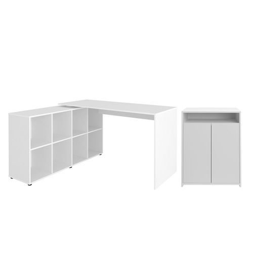 Conjunto Escrivaninha em L com Nichos Nero e Balcão com 2 Portas Cool Branco