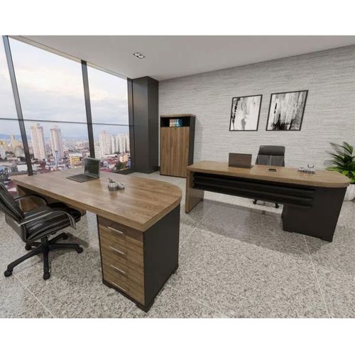 Conjunto Para Escritório Tamburato - Mesa com Gavetas LD e LE e Armário com Nicho Charuto com Preto