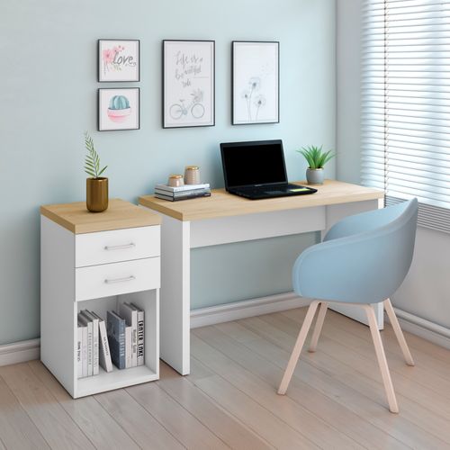 Conjunto Mesa e Gaveteiro Artany Toq Cor Olmo com Branco