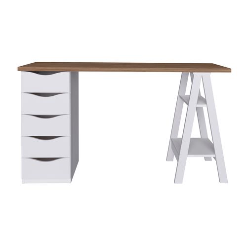 Escrivaninha Artany Spirit Cor Nogal Com Branco Com 5 Gavetas