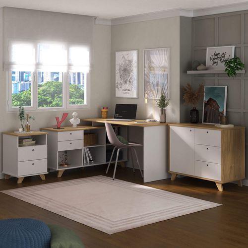 Conjunto Escrivaninha Gold, Gaveteiro Day e Balcão Lugano Cor Olmo com Branco