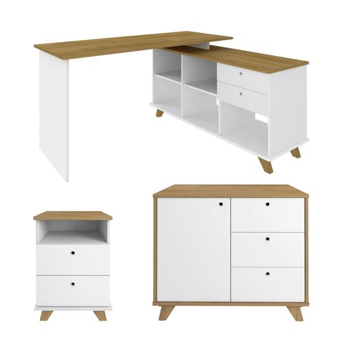 Conjunto Escrivaninha Gold, Gaveteiro Day e Balcão Lugano Cor Olmo com Branco