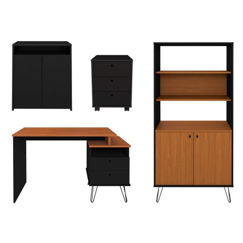 Conjunto Escrivaninha Plus, Gaveteiro New, Balcão Cool e Estante Hit Cor Freijó com Preto