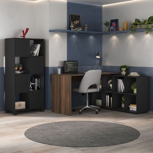 Conjunto Mesa 1400 Nero e Armário Wally cor Ipê com Preto