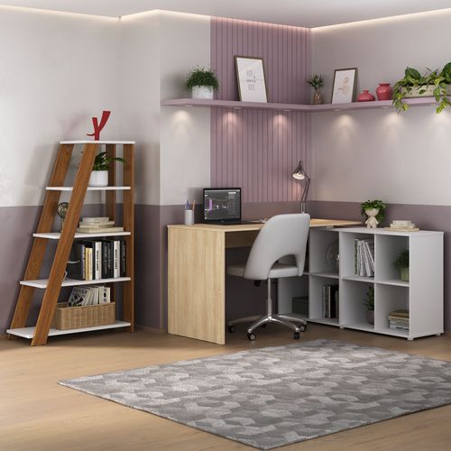 Conjunto Mesa 1400 Nero e Estante Star Cor Branco com Carvalho/Freijó