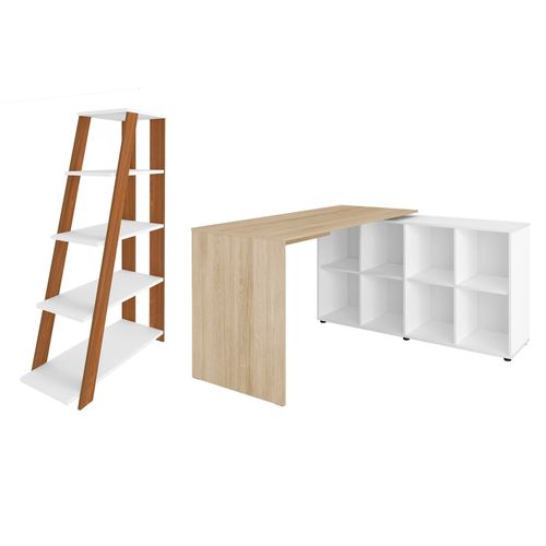 Conjunto Mesa 1400 Nero e Estante Star Cor Branco com Carvalho/Freijó