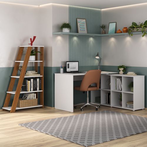 Conjunto Artany Mesa 1400 Nero e Estante Star Cor Branco com Freijó