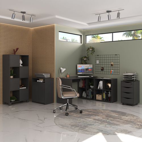 Conjunto Mesa Nero, Gaveteiro Bit, Balcão Cool e Armário Wally cor Preto
