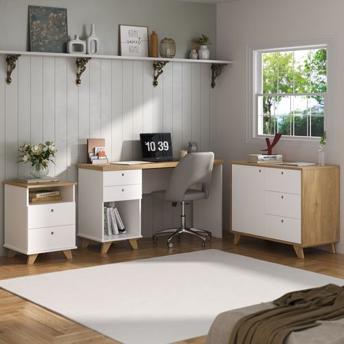 Conjunto Mesa Sky, Balcão Lugano e Gaveteiro Day Cor Olmo com Branco
