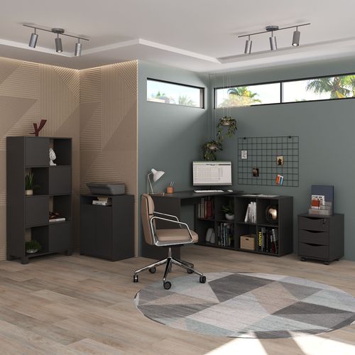 Conjunto Mesa Nero, Gaveteiro Face, Balcão Cool e Armário Wally cor Preto