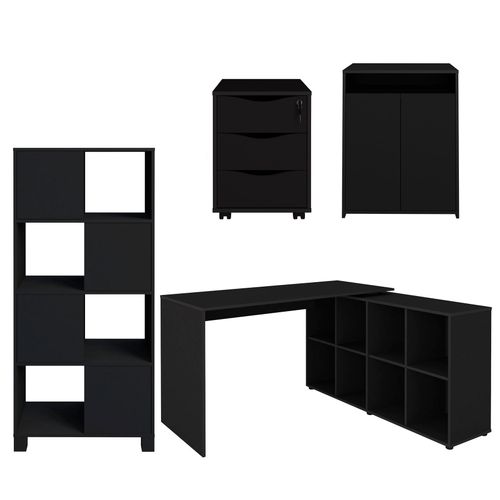 Conjunto Mesa Nero, Gaveteiro Face, Balcão Cool e Armário Wally cor Preto