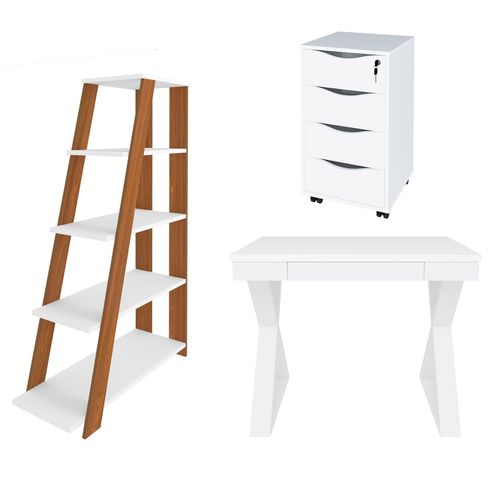 Conjunto Escrivaninha Veneza, Gaveteiro Bit e Estante Star Cor Branco com Freijó