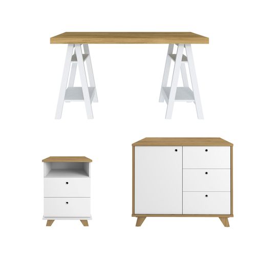 Conjunto Escrivaninha Art, Gaveteiro Day e Balcão Lugano Cor Olmo com Branco