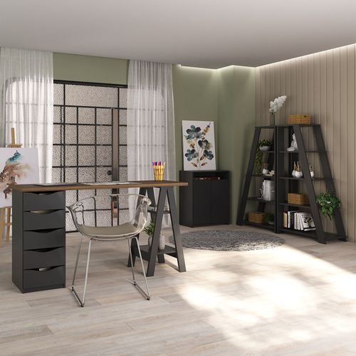 Conjunto Escrivaninha Spirit, Balcão Cool e Estante Star Cor Preto com Nogal