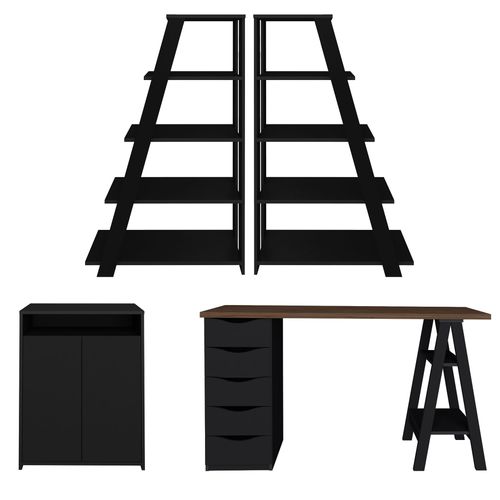 Conjunto Escrivaninha Spirit, Balcão Cool e Estante Star Cor Preto com Nogal