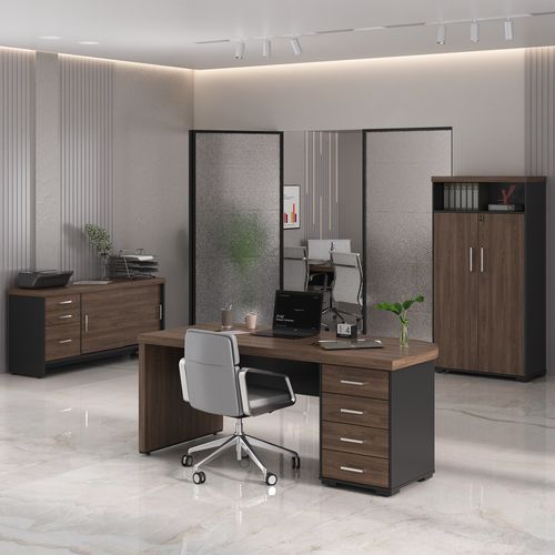 Conjunto Mesa com Gavetas LD, Balcão com Gavetas e Armário com Nicho Cor Charuto com Preto