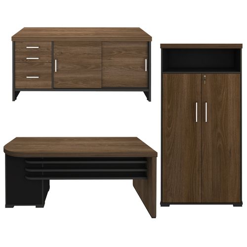 Conjunto Mesa com Gavetas LD, Balcão com Gavetas e Armário com Nicho Cor Charuto com Preto