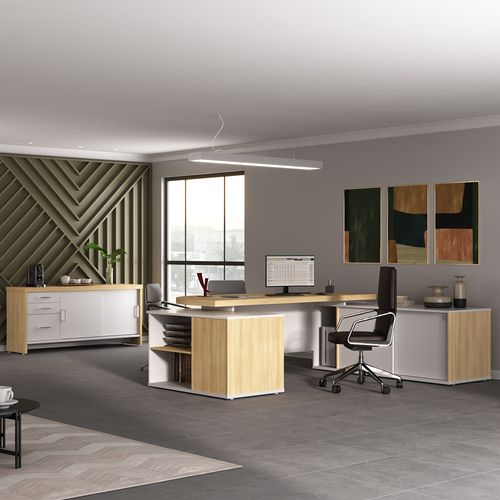 Conjunto Mesa Presidente e Balcão com Gavetas Cor Carvalho com Branco