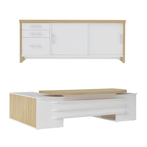 Conjunto Mesa Presidente e Balcão com Gavetas Cor Carvalho com Branco