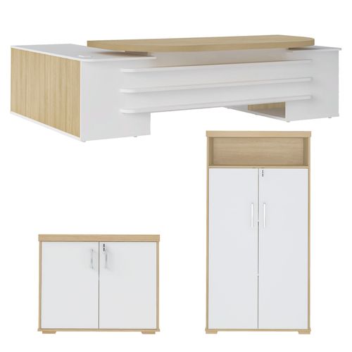 Conjunto Mesa Presidente, Balcão 2 Portas e Armário com Nicho Cor Carvalho com Branco