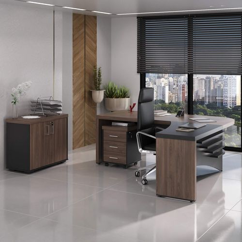 Conjunto Mesa Diretor LD , Balcão 2 Portas e Gaveteiro Cor Charuto com Preto