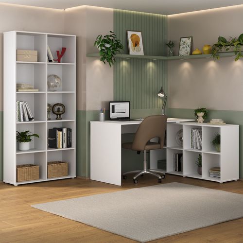 Conjunto Mesa 1400 Nero e Estante com 10 Nichos Clean Cor Branco