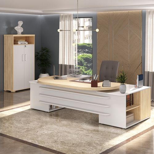 Conjunto Mesa Presidente e Armário com Nicho Cor Carvalho com Branco