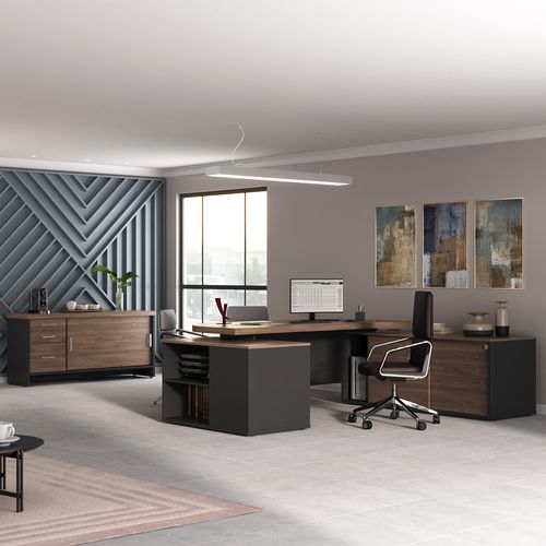 Conjunto Mesa Presidente e Balcão com Gavetas Cor Charuto com Preto