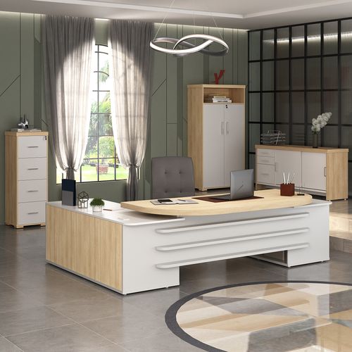 Conjunto Mesa Presidente, Balcão com Gavetas, Armário com Nicho e Arquivo Cor Carvalho com Branco